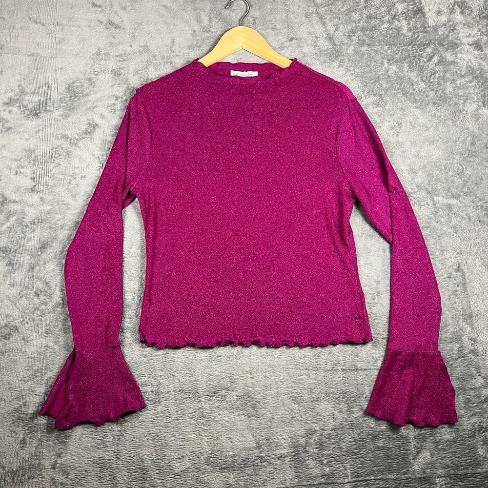 Jessica Simpson Savana Sparkle Blouse Top Womens M Magenta Knitted Flared Sleeve
